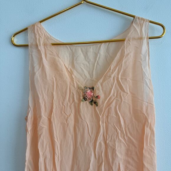 Antique 1920's Belted Scalloped Hem Floral Embroidered Slip Dress Vintage - Picture 3 of 6